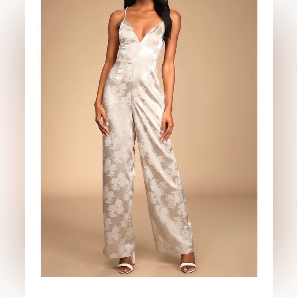 Lulu’s Oh So Elegant Champagne Jacquard Lace-Up Wide-Leg Jumpsuit Bridal
